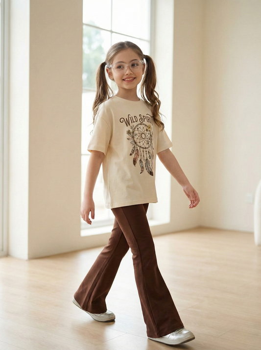 Girls Top & Bottom Combo Set – Round Neck T-Shirt + Flared Pants (Summer)