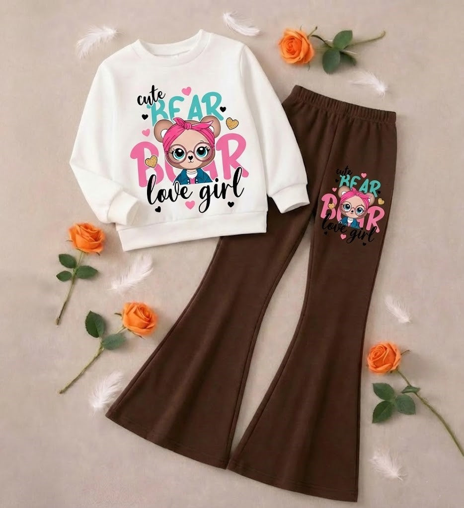 Cute Bear Love Boot Cut Printed Top And Bottom Set