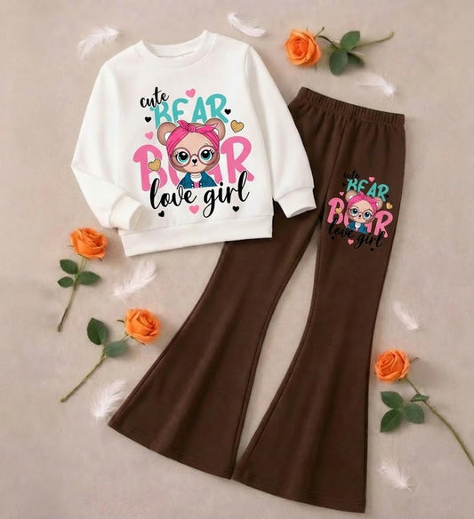 Cute Bear Love Boot Cut Printed Top And Bottom Set