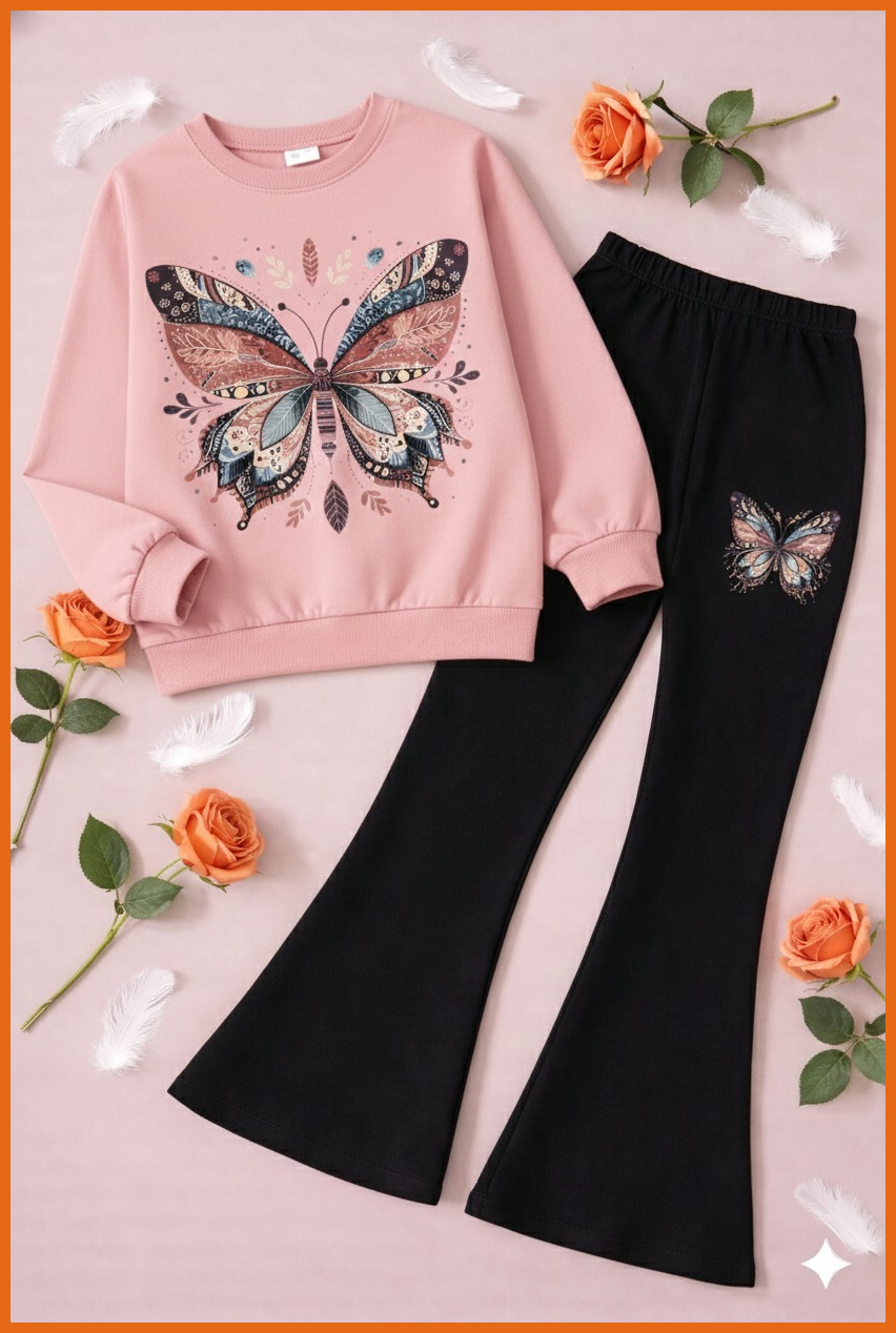 Multi butterfly Boot Cut Printed Top And Bottom Set