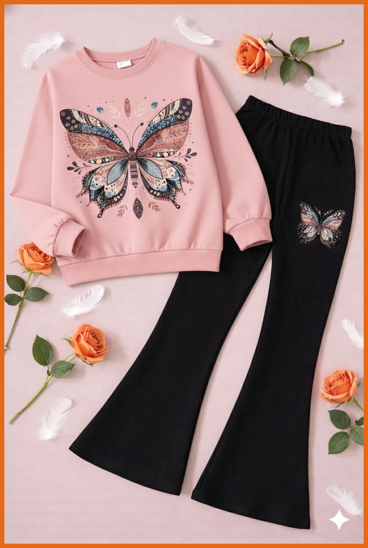 Multi butterfly Boot Cut Printed Top And Bottom Set