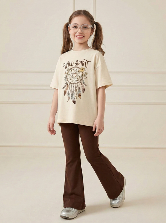 Girls Top & Bottom Combo Set – Round Neck T-Shirt + Flared Pants (Summer)