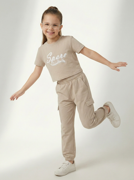 Girls' Beige Streetwear Set: Cargo Joggers & Graphic Crop Tee (2-Piece Outfit)