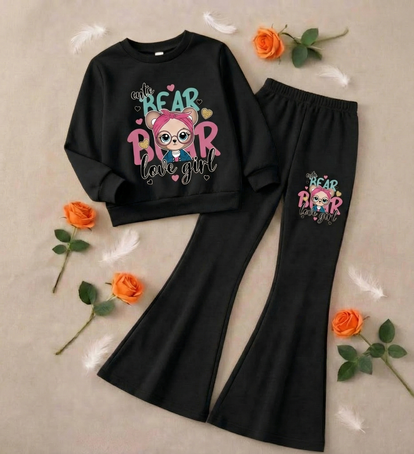 Cute Bear Love Boot Cut Printed Top And Bottom Set