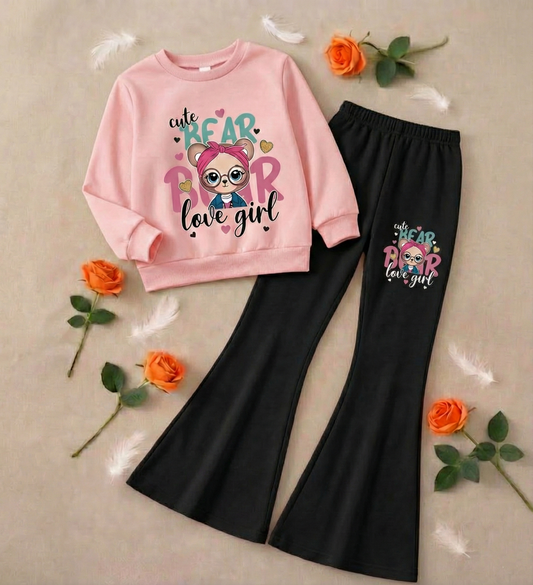 Cute Bear Love Boot Cut Printed Top And Bottom Set