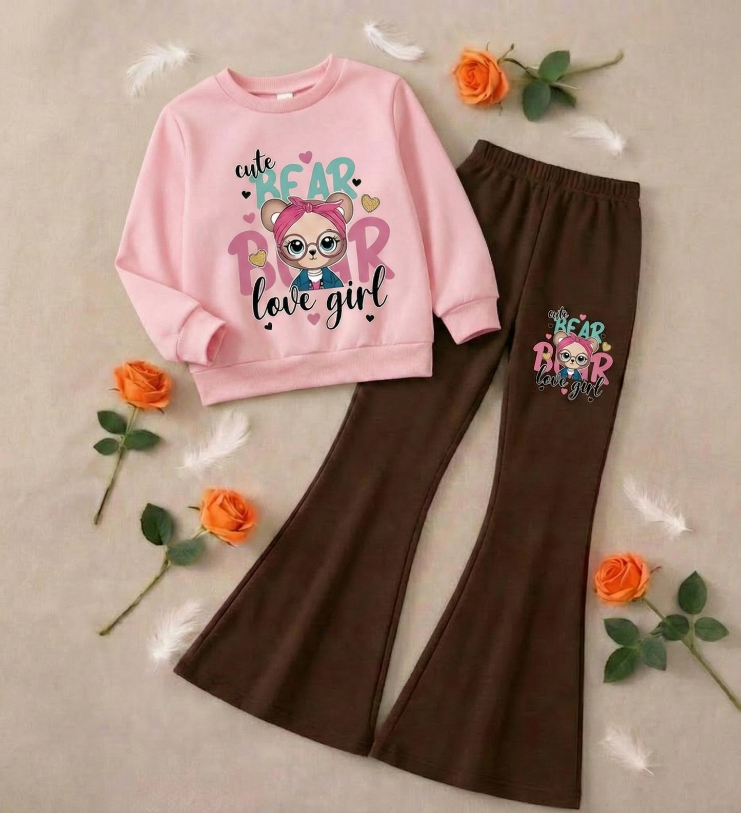 Cute Bear Love Boot Cut Printed Top And Bottom Set