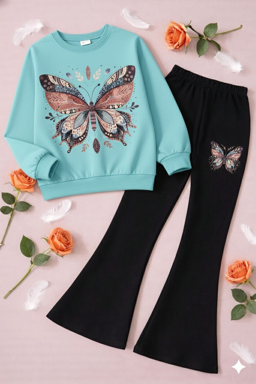 Multi butterfly Boot Cut Printed Top And Bottom Set