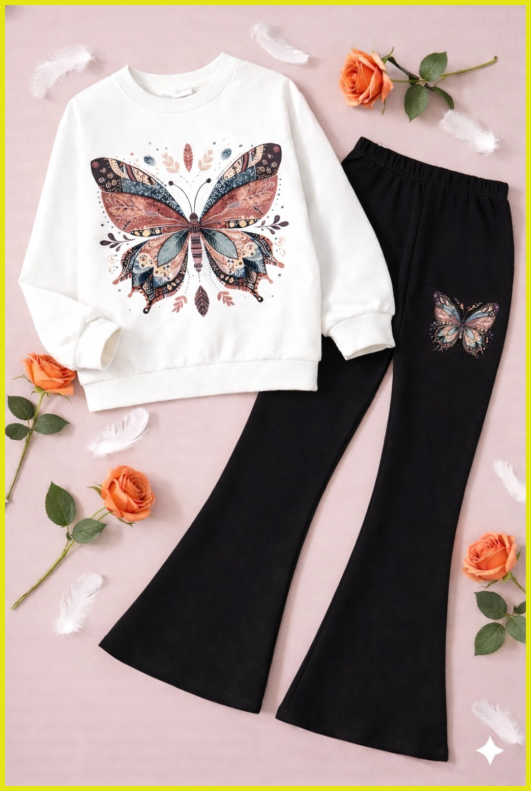 Multi butterfly Boot Cut Printed Top And Bottom Set