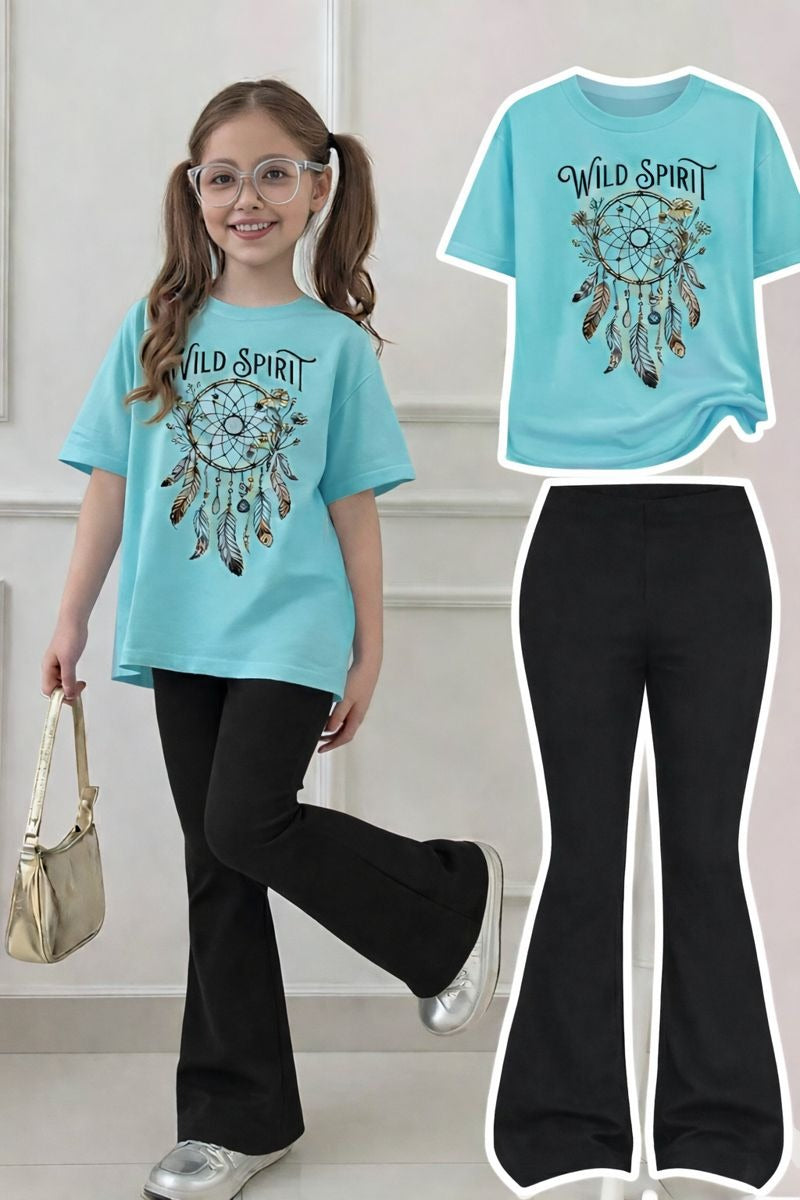 Girls Top & Bottom Combo Set – Round Neck T-Shirt + Flared Pants (Summer)