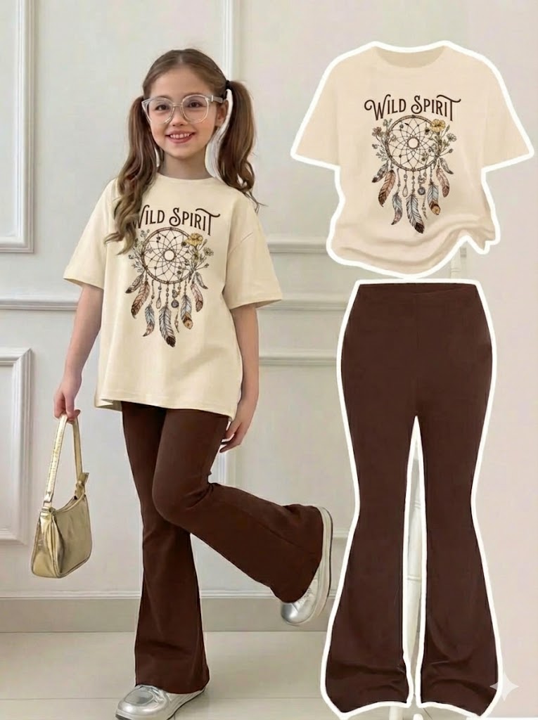 Girls Top & Bottom Combo Set – Round Neck T-Shirt + Flared Pants (Summer)