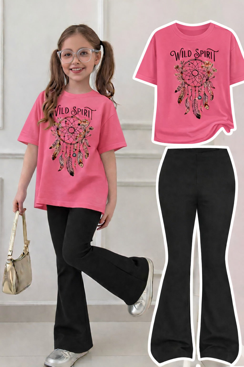 Girls Top & Bottom Combo Set – Round Neck T-Shirt + Flared Pants (Summer)