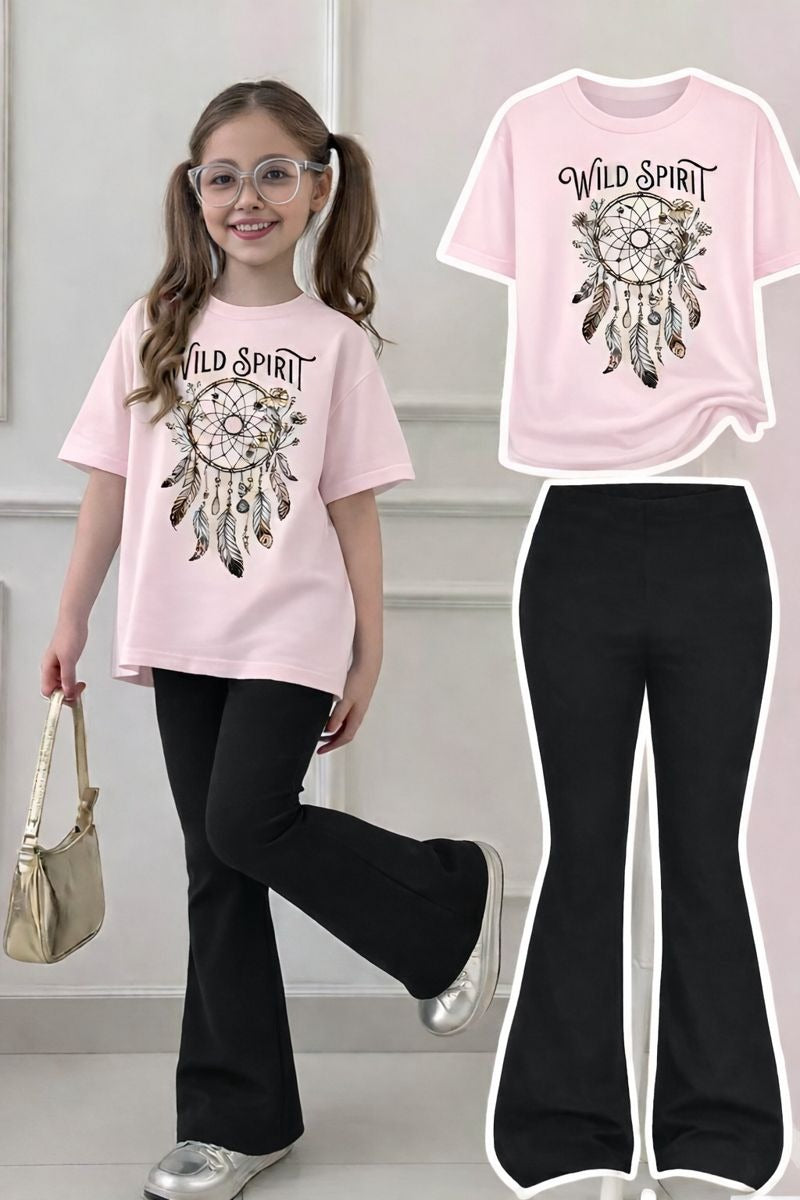 Girls Top & Bottom Combo Set – Round Neck T-Shirt + Flared Pants (Summer)