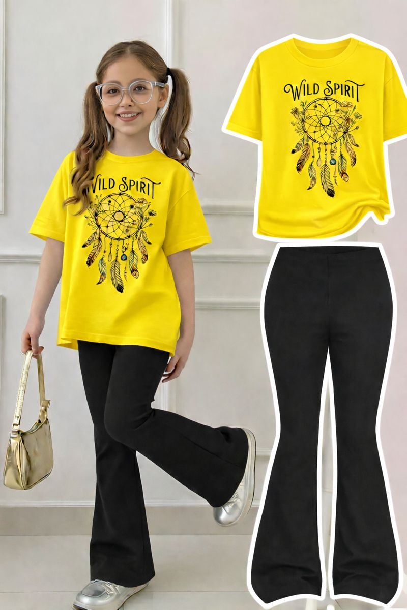 Girls Top & Bottom Combo Set – Round Neck T-Shirt + Flared Pants (Summer)