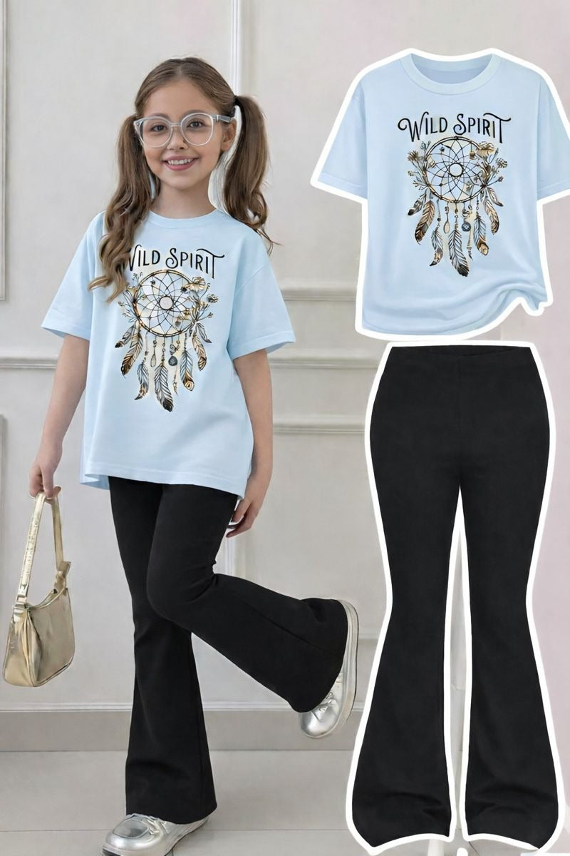 Girls Top & Bottom Combo Set – Round Neck T-Shirt + Flared Pants (Summer)