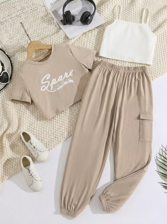 Girls' Beige Streetwear Set: Cargo Joggers & Graphic Crop Tee (2-Piece Outfit)